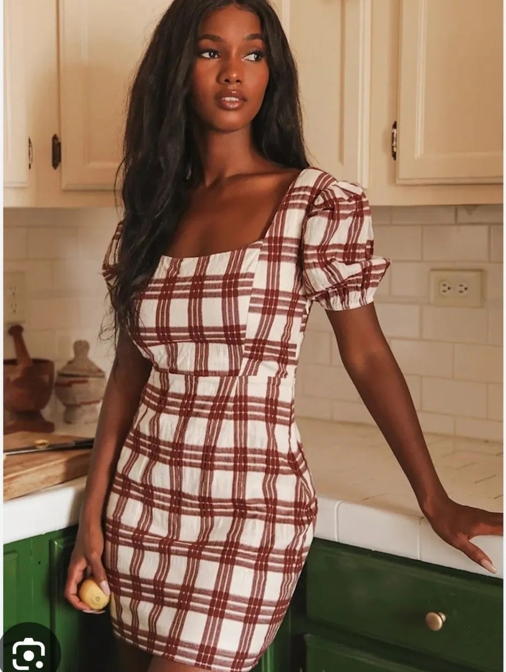 Sage The Label Womens Size XS Brown Plaid Puff Sleeve Y2K Western Mini Dress